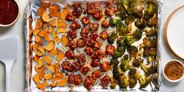 bbq sheet pan tofu with sweet potatoes and broccoli