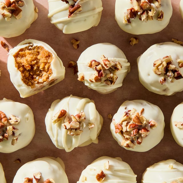 Carrot Cake Bites carrot cake truffles coated in white chocolate and topped with chopped pecans