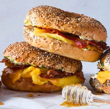 Bee Sting Bagel Breakfast Sandwich bagel sandwich with bacon, egg, cheese and sour cream