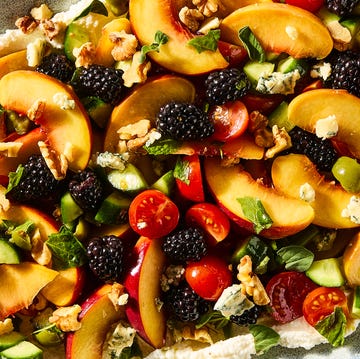 Blackberry Peach Salad blackberries, peaches, tomatoes, blue cheese, walnuts, basil, and olives