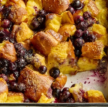Blueberry French Toast Casserole french toast casserole in a pan with blueberries