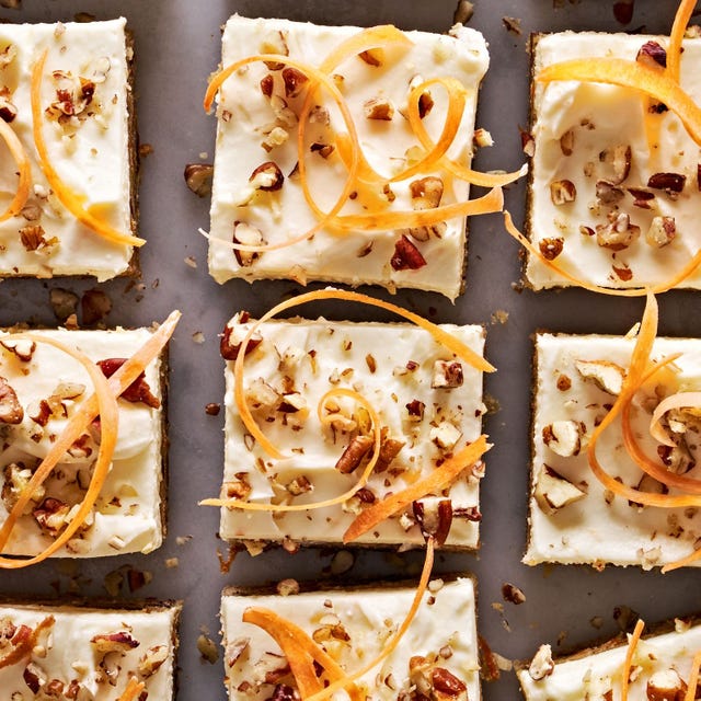 Carrot Cake Blondies carrot cake blondies topped with pecans and carrot ribbons