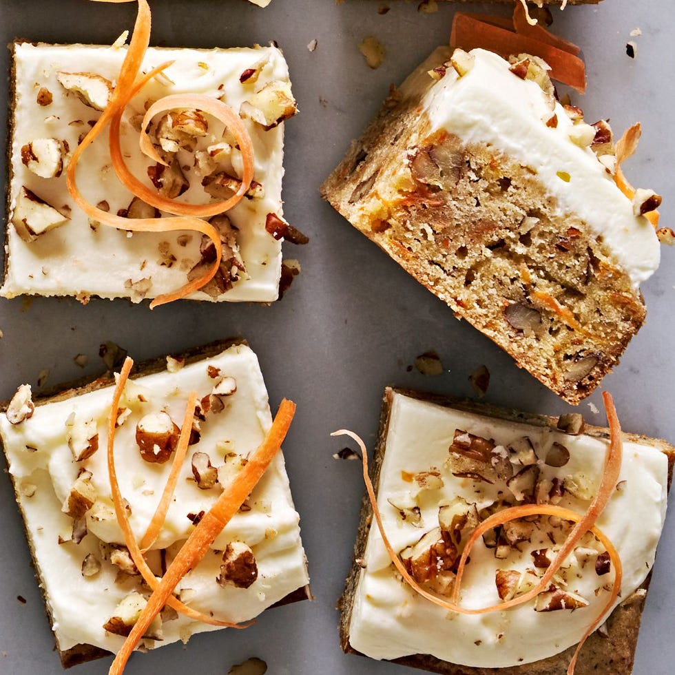 Carrot Cake Blondies carrot cake blondies topped with pecans and carrot ribbons