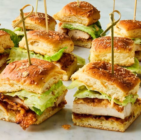 Chicken Caesar Sliders sliders with chicken, lettuce, and caesar dressing