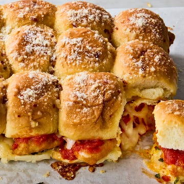 Chicken Parm Sliders breaded chicken topped with cheese and marinara in slider buns