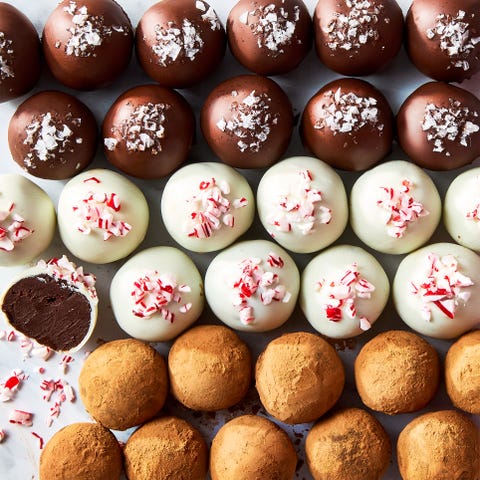 Chocolate Truffles chocolate truffles topped with candy canes, sea salt, and cocoa powder