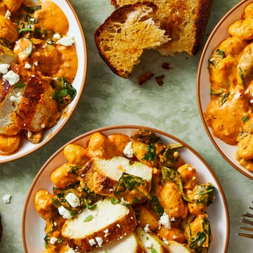 Creamy Harissa Chicken & Gnocchi pillowy gnocchi in a creamy harissa sauce with ras al hanout spiced chicken, sliced mushrooms, spinach, and crumbled feta