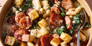 seared smoked sausage smothered in a creamy boursin sauce tossed with tender cannellini beans and kale hen topped with crunchy homemade mini croutons