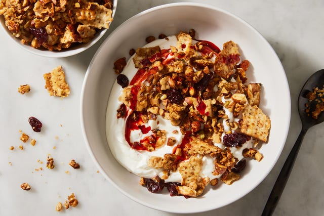 Matzo Granola matzo granola with almonds, pistachios, dried cherries, and pomegranate molasses