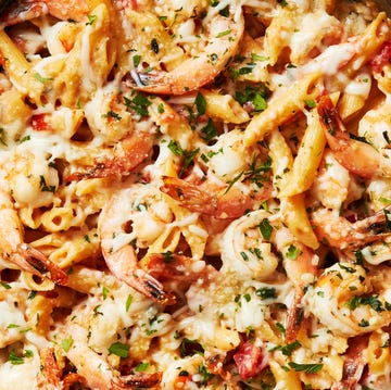 Garlicky Shrimp Alfredo Bake shrimp in an alfredo pasta bake