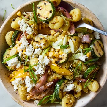 Grilled Gnocchi Salad grilled gnocchi, zucchini, corn and onion salad