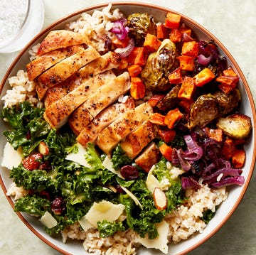 Harvest Bowls chicken, kale salad, and roasted sweet potatoes in a rice bowl