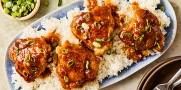 hawaiian shoyu chicken topped with sliced scallions
