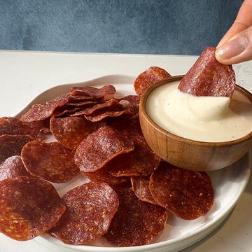 High Protein Air Fryer Pepperoni Chip sliced pepperoni served with a creamy dip