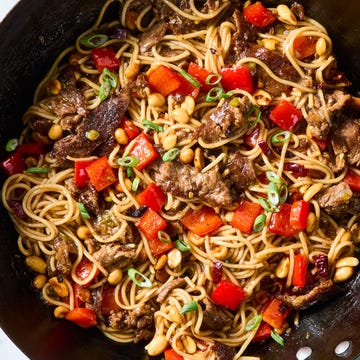 Kung Pao Beef Lo Mein lo mein tossed with beef, diced peppers, and peanuts