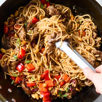Kung Pao Beef Lo Mein lo mein tossed with beef, diced peppers, and peanuts
