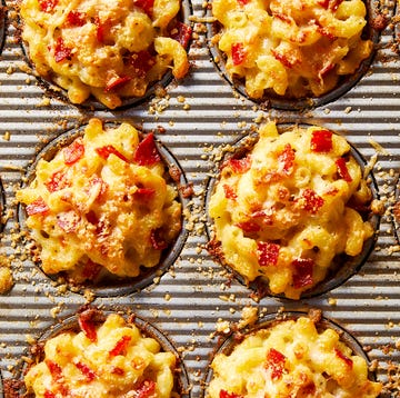 Mac & Cheese Pizza Bites mac and cheese with pepperonis in a muffin tin shape