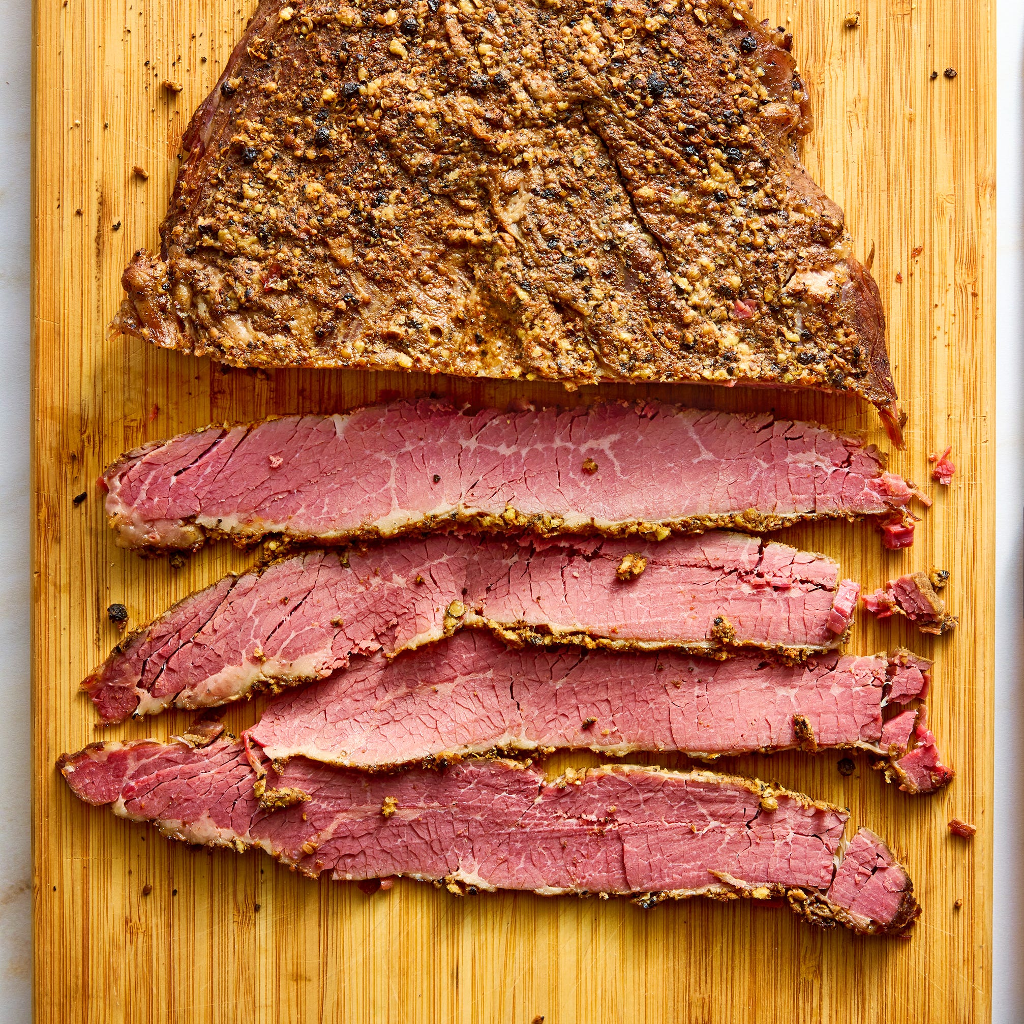 oven baked pastrami sliced with a spice rub