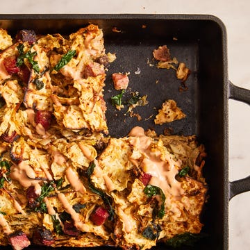 Pastrami Matzo Kugel pastrami matzo kugel with kale, sauerkraut and russian dressing