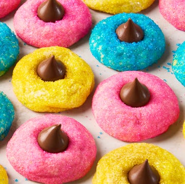 Peep Kiss Cookies blue pink and yellow dyed cookies with sugar and topped with a hershey kiss