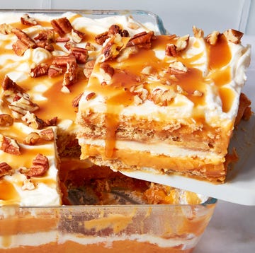 Pumpkin Cheesecake Lasagna pumpkin cheesecake lasagna topped with pecans and caramel