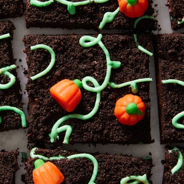 Pumpkin Patch Brownies brownies with pumpkin candies and green icing