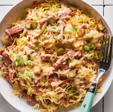 Reuben Bowls corned beef, cabbage, sauerkraut, cheese, and russian dressing in a bowl