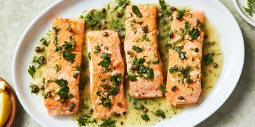 Salmon Piccata salmon piccata in a white wine and butter sauce with capers