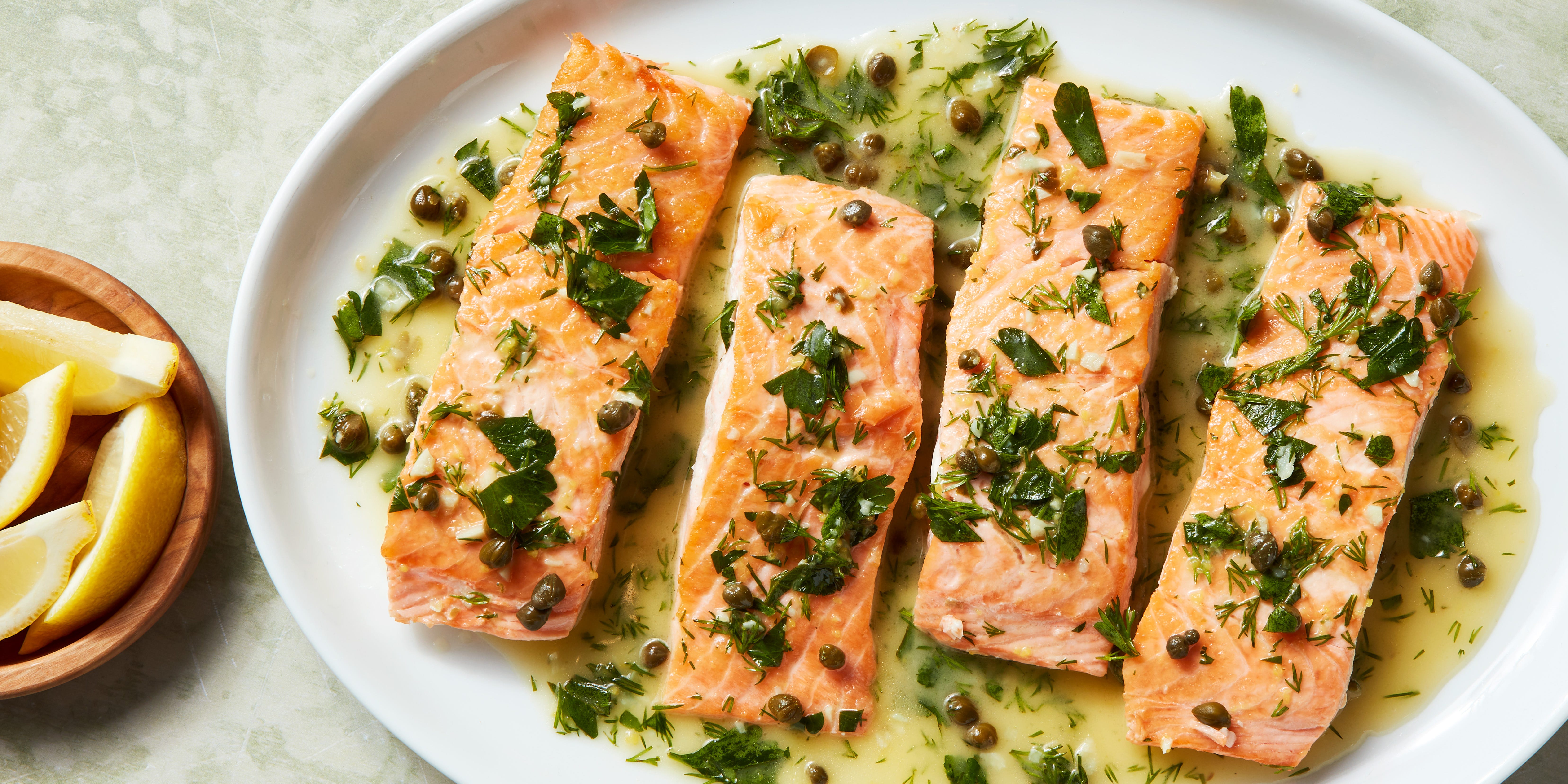 Salmon Piccata salmon piccata in a white wine and butter sauce with capers