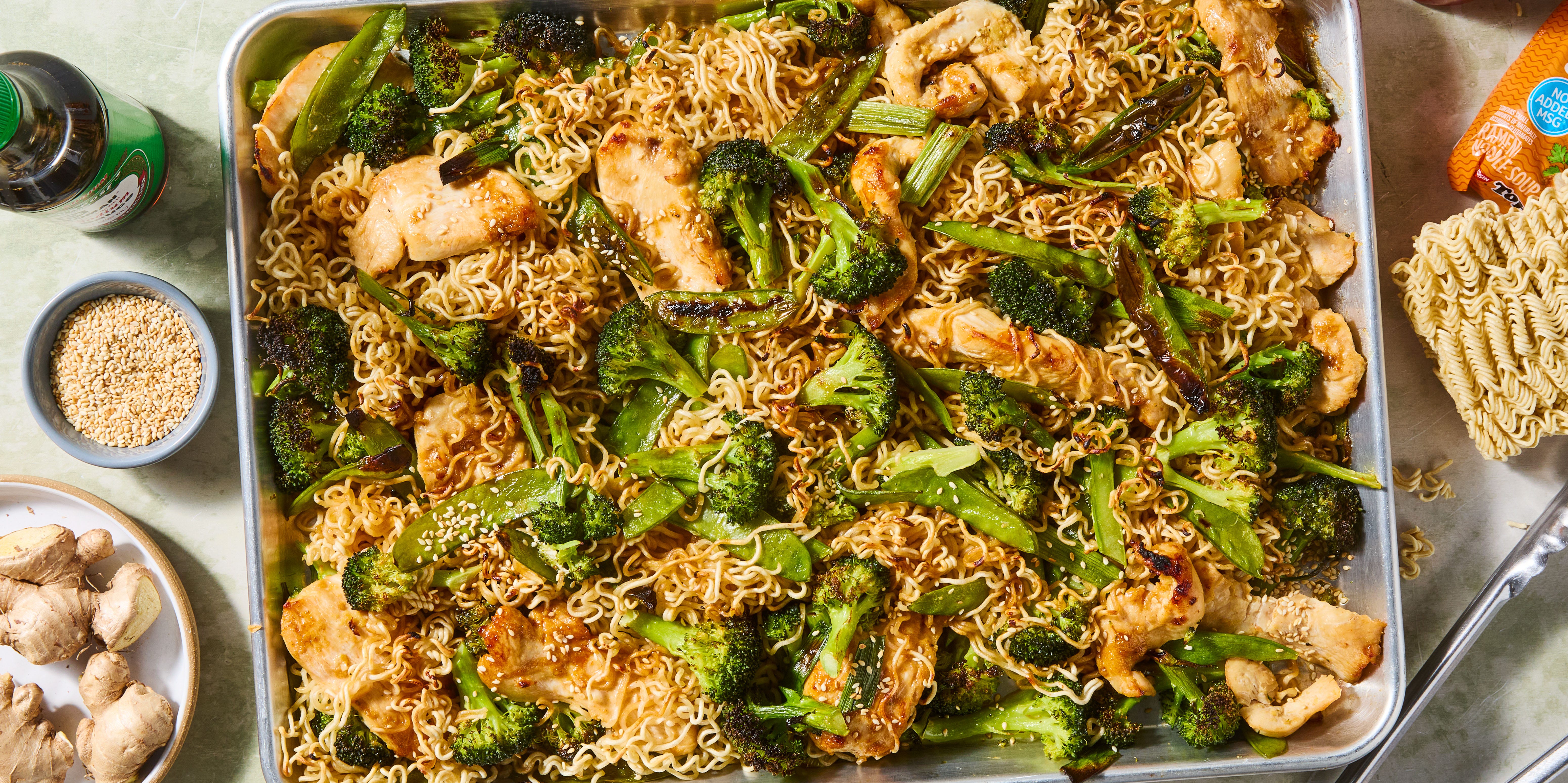 Sheet-Pan Crispy Ramen ramen noodles, chicken, and broccoli baked on a sheet pan