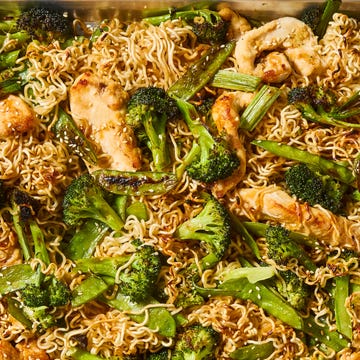 Sheet-Pan Crispy Ramen ramen noodles, chicken, and broccoli baked on a sheet pan