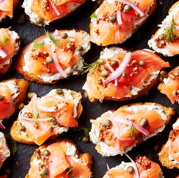 Smoked Salmon Crostini crostini topped with cream cheese, smoked salmon, red onion and capers