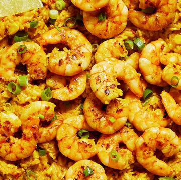 Sweet Corn Shrimp and Rice Skillet rice skillet topped with shrimp and sweet corn