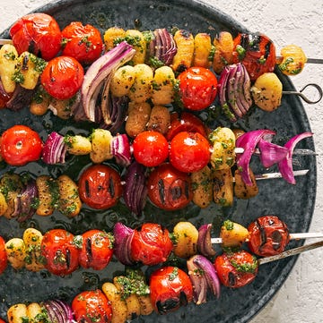 Tomato Gnocchi Kebabs tomato gnocchi kebabs with red onion and salsa verde