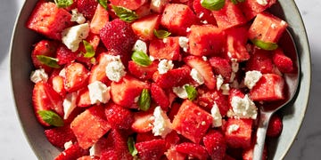 watermelon strawberry caprese with feta and mint