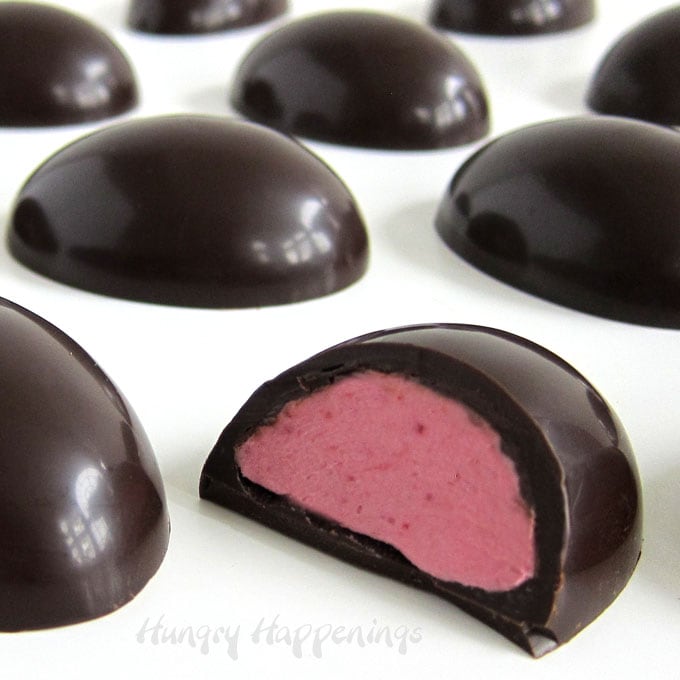 Chocolate Raspberry Eggs filled with a white chocolate raspberry ganache.