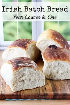 four loaves on a cutting board with the words irish batch bread written above it