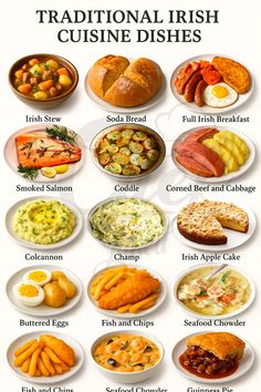 the traditional irish cuisine dishes are shown in this poster, which includes different types of food