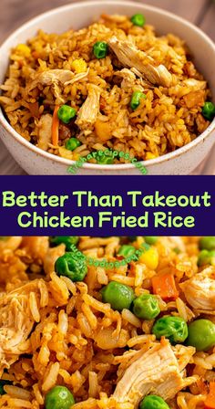 chicken fried rice in a bowl with peas and carrots