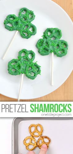the pretzel shamrocks are made with marshmallows, and then dipped in green