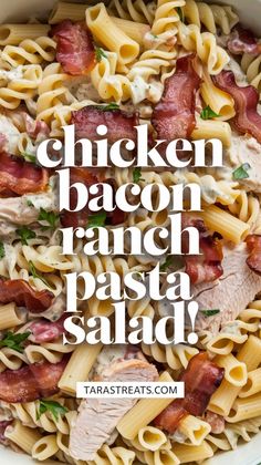 chicken bacon ranch pasta salad in a white bowl