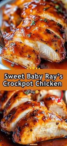 sweet baby ray's crockpot chicken is shown in two different photos, one with