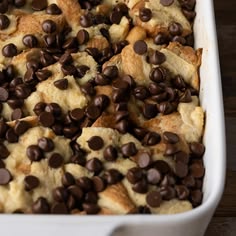 a casserole dish filled with chocolate chips
