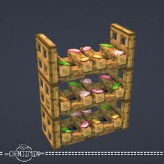 an image of a wooden rack with donuts on it's sides and green leaves on the top