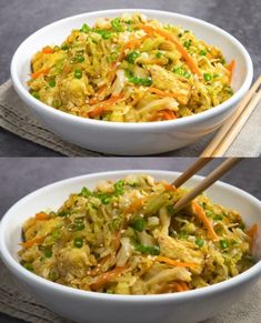 two bowls filled with food and chopsticks on top of each bowl, next to the same one