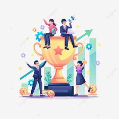 three people sitting on top of a trophy cup, illustration, cartoon png and psd