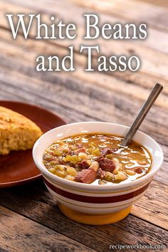 a bowl of white beans and taco soup on a plate with a piece of cornbread