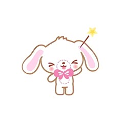 a cartoon bunny with a star on its head is holding a pink bowtie in front of her face