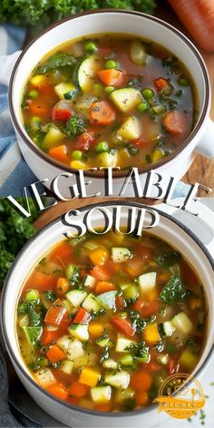two white bowls filled with vegetable soup on top of a wooden table