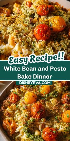 A close-up of a white bean and pesto bake, showing cheesy topping and herbs. This easy family vegetarian dinner makes a great weeknight beans main dish.